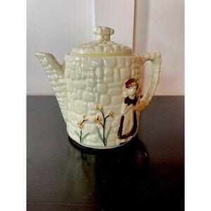 Vintage Porcelier Cobblestone Tea Pot /Lid Vitreous Hand Decorated Girl Flowers